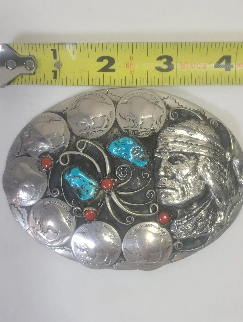 Native American Nickel Silver Turquoise Coral Buffalo Indian Head Belt Buckle